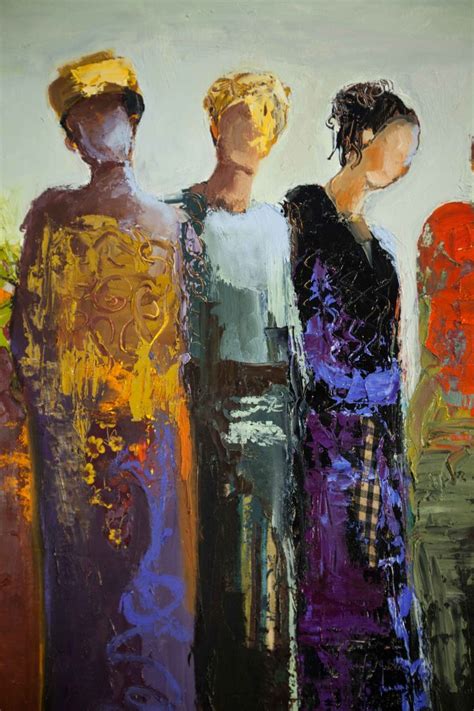 an oil painting of three women standing together