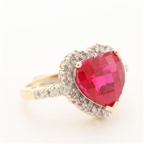 10K Yellow Gold Ruby and Diamond Heart Motif Ring | EBTH