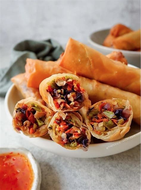 Crispy Vegetable and Mushroom Spring Rolls (Vegan Recipe) - The Foodie Takes Flight