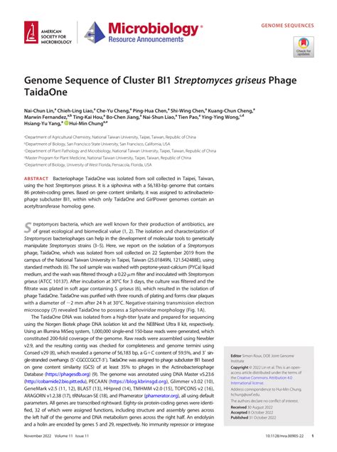 (PDF) Genome Sequence of Cluster BI1 Streptomyces griseus Phage TaidaOne