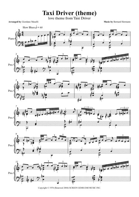 Taxi Driver (theme) (arr. Giordano Maselli) by Bernard Herrmann Sheet Music for Piano Solo at ...