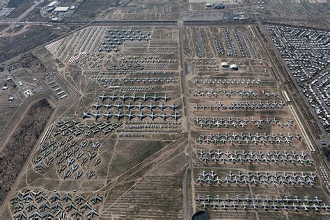 Aerial view of the Tucson, Arizona, area, with a focus on a giant airplane "boneyard" of nearly ...