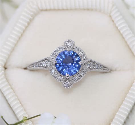 1 carat Blue Ceylon Sapphire Engagement Ring, Vintage Style Sapphire Diamond Ring, Edwardian ...