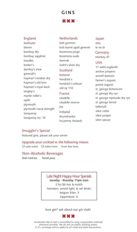 Gin Menu – Amsterdam Bar and Hall