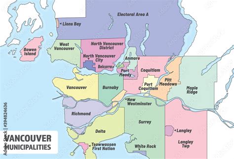 Greater Vancouver municipalities map. Administrative map of metro Vancouver with all cities and ...