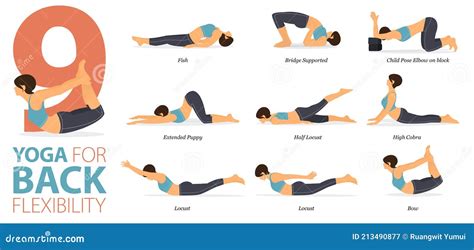 9 Yoga Poses for Workout in Concept of Back Flexibility in Flat Design ...