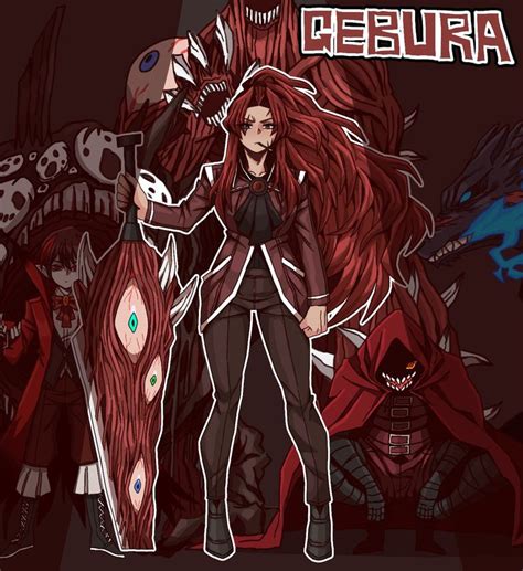 a woman with red hair standing in front of an evil demon and other demonic creatures