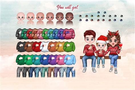 Big Family Christmas Chibi Clipart Sitting Family Winter - Etsy