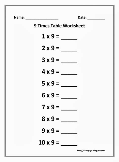 Multiplication By 9 Worksheets Printable