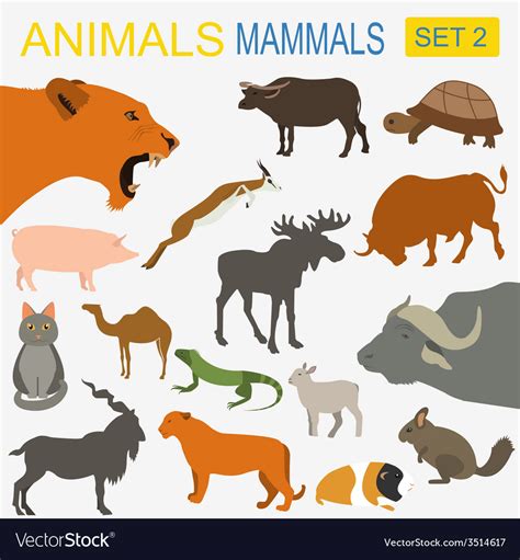 Animals mammals icon set flat style Royalty Free Vector