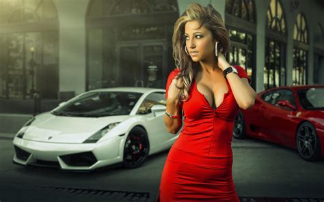 Wallpaper : women, model, blonde, red dress, cleavage, Lamborghini, sports car, performance car ...