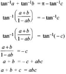 If tan^-1 a + tan^-1 b + tan^-1 c = π, prove that a + b + c = abc ...