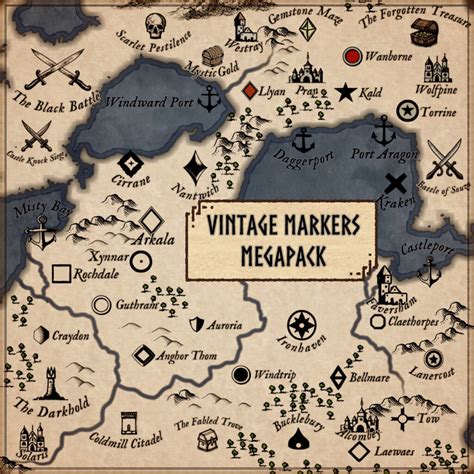 Vintage Generic Markers and Landmarks Pack - Cities, towns, ports, forts, battles, treasures ...