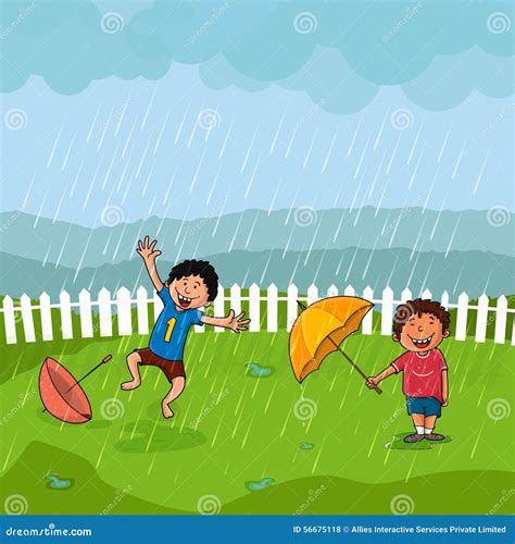 Cute Boys in Rain for Monsoon Season Concept. Stock Illustration ...