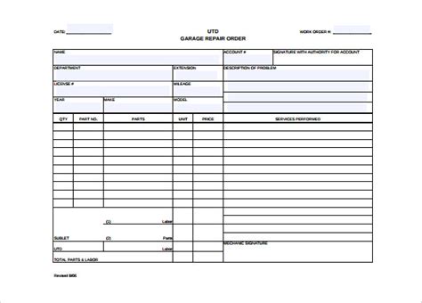 Printable Auto Repair Work Order Template