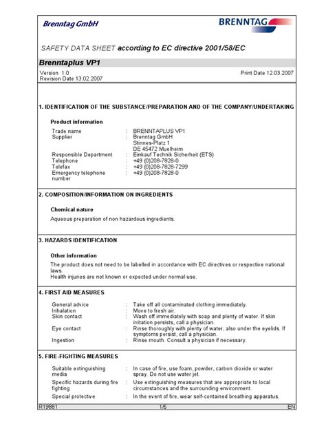 Brenntaplus VP1 Msds | PDF | Dangerous Goods | Chemistry