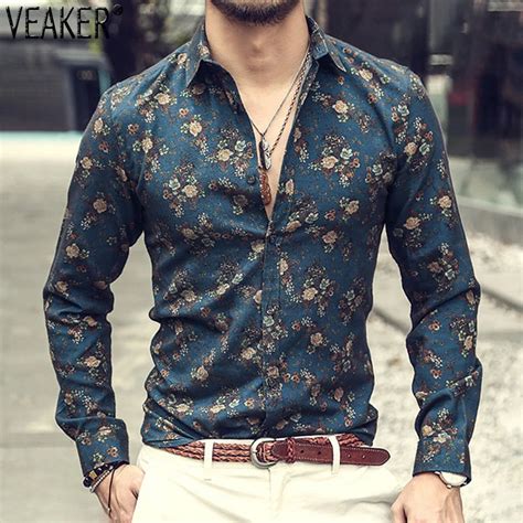 Floral Men Shirt Long Sleeve Slim Fit | Men Long Sleeve Shirt Flowers ...