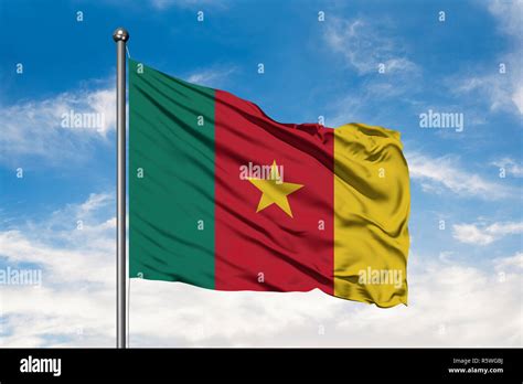 Flag of Cameroon waving in the wind against white cloudy blue sky. Cameroonian flag Stock Photo ...