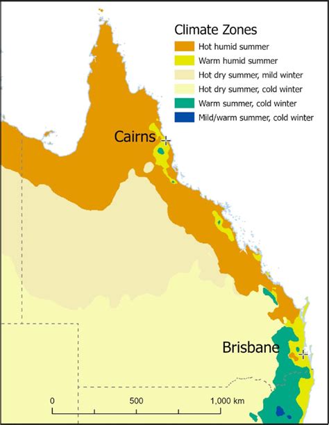 Queensland climate zones based on temperature and humidity (Bureau of ...