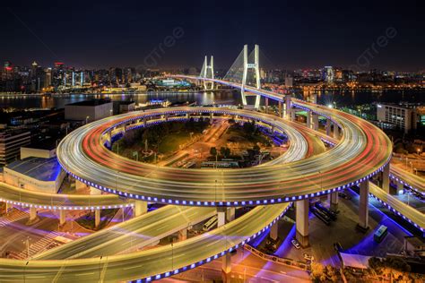 Night View Of Shanghai Yangpu Bridge Background, Shanghai, Yangpu ...