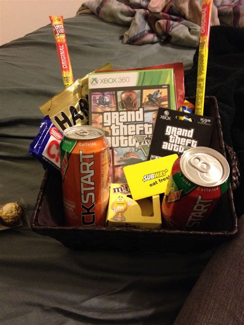 Gamer kit--beef jerky, energy drinks, GTA 5, subway gift card, and assorted candy ba… | Birthday ...