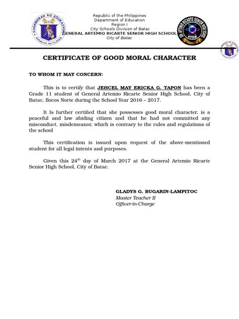 Certificate of Good Moral Character