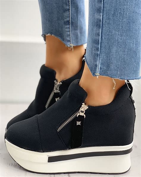 Zipper Design Wedge Platform Sneakers