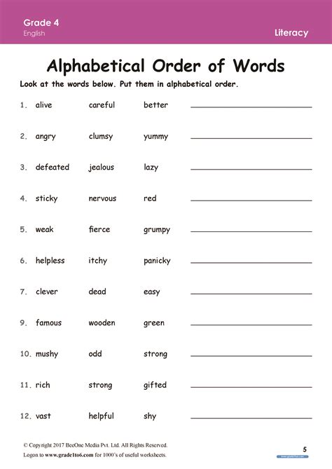 Alphabetical Order worksheets Grade 4|www.grade1to6.com