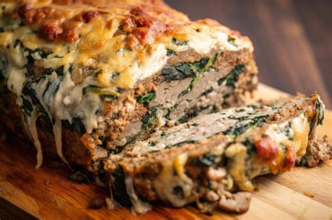 Close-Up of Cheesy Meatloaf Stuffed with Mushrooms and Spinach Stock ...