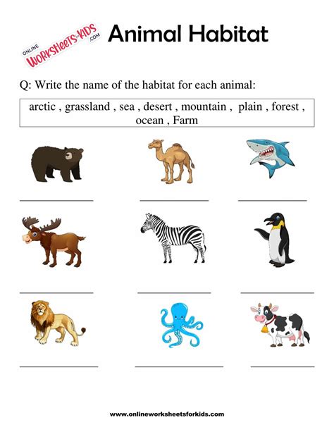 Animal Habitats Worksheets for Grade 1-7