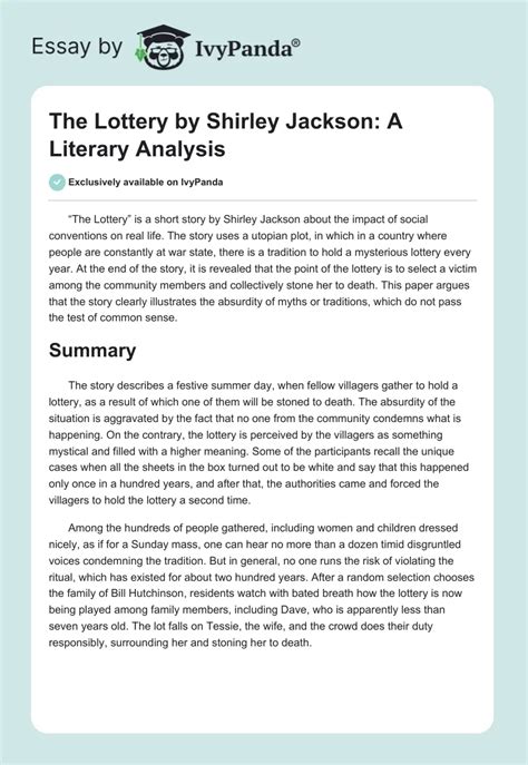 "The Lottery" by Jackson: A Literary Analysis - 648 Words | Essay Example