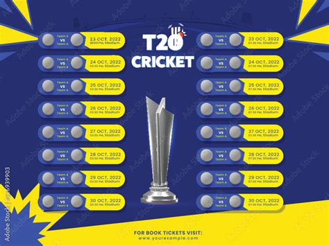 T20 Cricket Match Schedule List With 3D Silver Trophy Cup On Yellow And ...