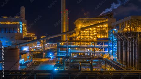 Power station, Combined heat power plant at night, Large combined cycle power plant. Stock Photo ...