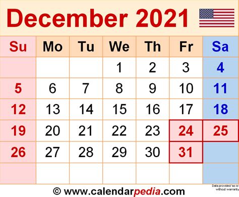 December 2021 Calendar With Holidays Printable | Free Letter Templates