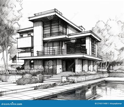 Sketch Illustration of a Modern Style House that Has a Swimming Pool in Front of it Using Pencil ...