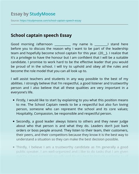 School captain speech Free Essay Example | Student council speech examples, Inspirational speech ...