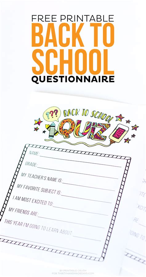 FREE Printable Back to School Questionnaire - Thirty Handmade Days