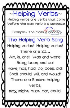 Helping Verbs Song Poster/Anchor Chart by First Grade Maestra Trisha Hyde