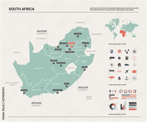 Vector map of South Africa (RSA). Country map with division, cities and ...