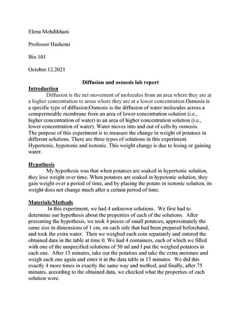 Diffusion And Osmosis Lab