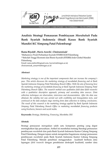 (PDF) Analisis Strategi Pemasaran Pembiayaan Murabahah Pada Bank Syariah Indonesia (Studi Kasus ...