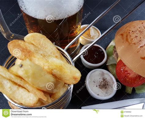 Chips Beer Sauce Burger Delicious Tasty Stock Photo - Image of ...