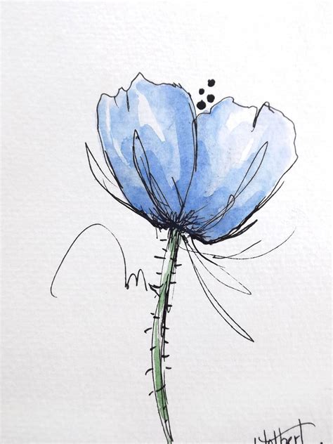 Poppy Flower Blue Original Watercolor Art Painting Pen and Ink | Etsy