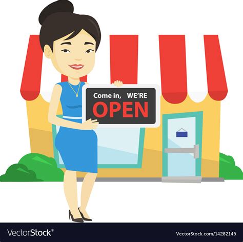 Female shop owner holding open signboard Vector Image