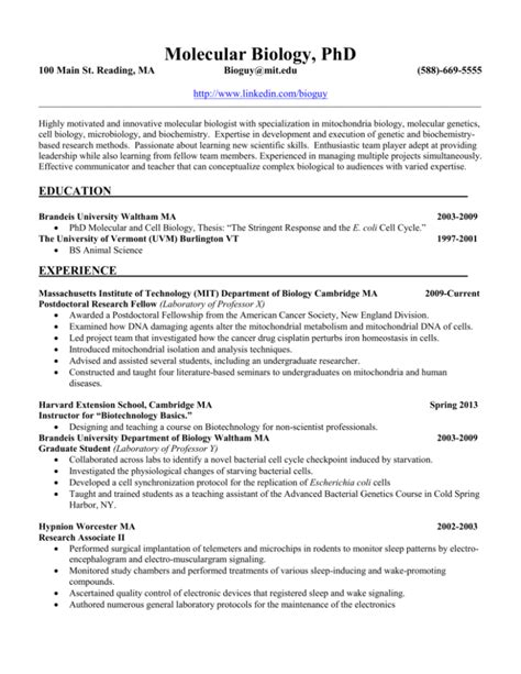 Sample Resume - Molecular Biology ()