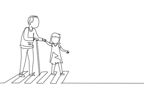 Single continuous line drawing polite girl helping grandfather to cross ...