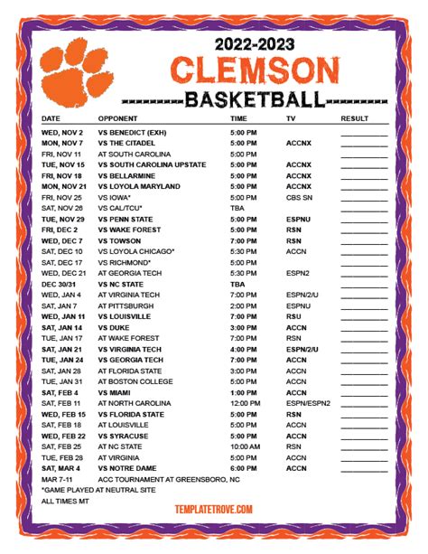 Printable 2022-2023 Clemson Tigers Basketball Schedule