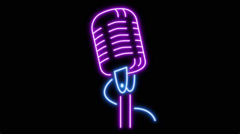 Animation purple microphone neon light shape isolate on black ...