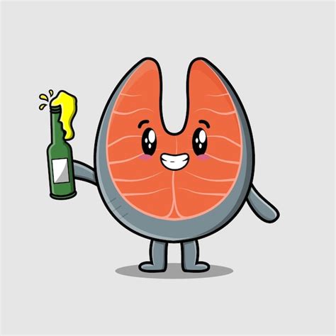 Premium Vector | Fresh salmon cartoon mascot character with bottle and cute stylish design