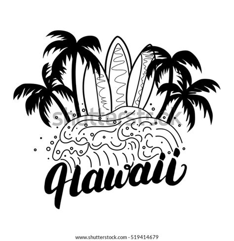 Hawaii handschriftlich surfen Poster, tee print. Palmen, Wellen und Surfbretter. Einzeln auf ...